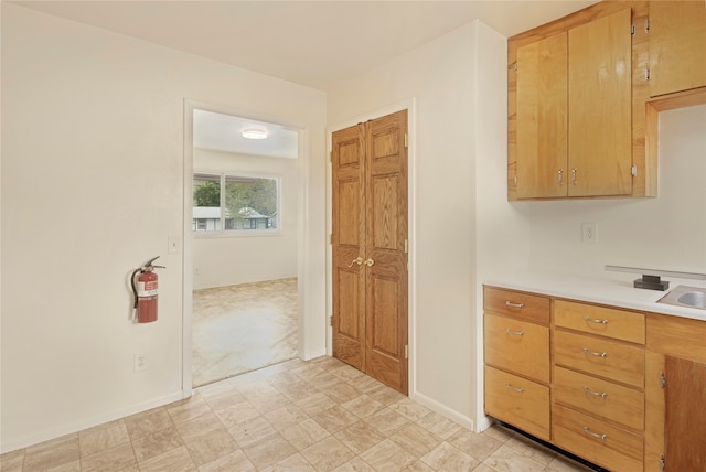 kitchen featuring light colored carpet