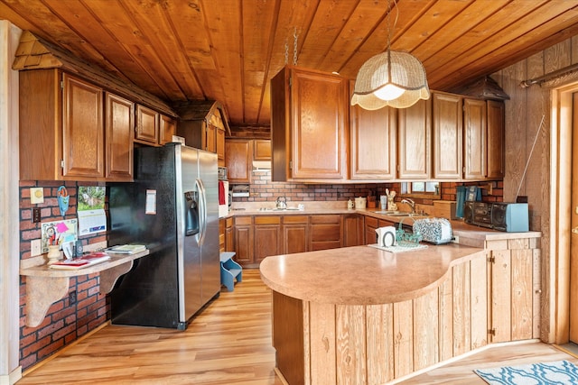 kitchen featuring light hardwood / wood-style flooring, kitchen peninsula, stainless steel appliances, wood ceiling, and sink