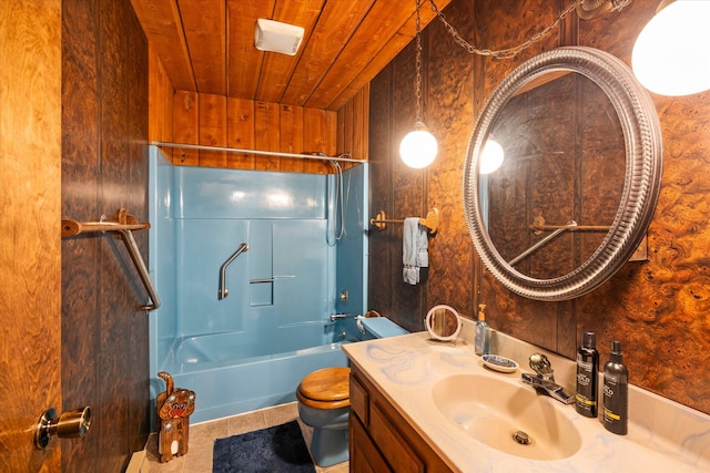 full bathroom with wooden walls, shower / washtub combination, toilet, and wooden ceiling