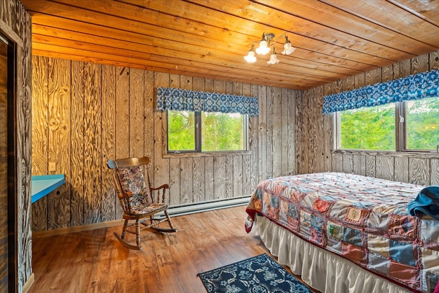 bedroom featuring wood ceiling, hardwood / wood-style flooring, wooden walls, and multiple windows