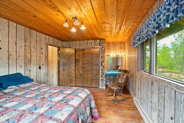 bedroom featuring wooden walls, light hardwood / wood-style flooring, and wood ceiling