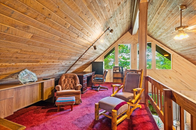 living area featuring ceiling fan, vaulted ceiling, rail lighting, carpet, and wooden ceiling