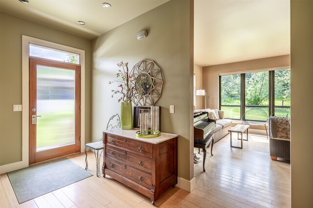 foyer entrance with light hardwood / wood-style flooring