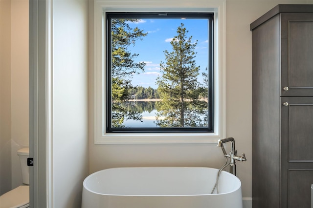 198 Blaine Lakeshore Dr, Kalispell, MT 59901 - bathroom featuring toilet, a freestanding tub, and a wealth of natural light