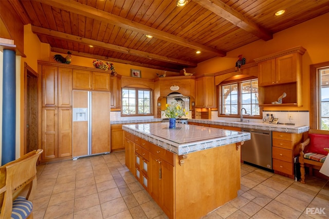 kitchen featuring backsplash, dishwasher, a kitchen island, and paneled built in refrigerator