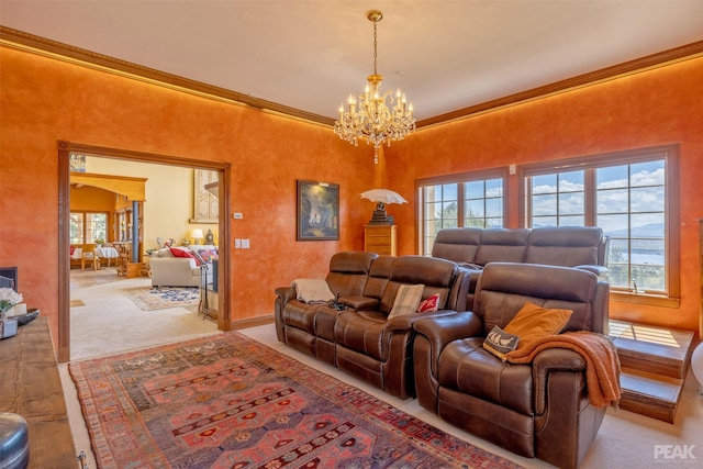 living room with an inviting chandelier, light colored carpet, and ornamental molding