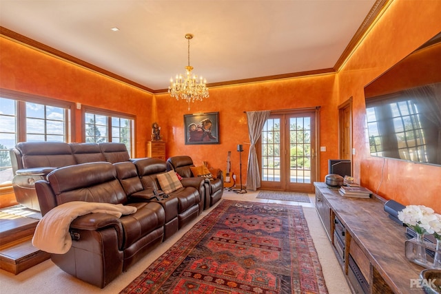 carpeted living room featuring ornamental molding and a notable chandelier