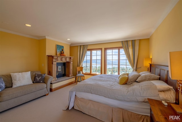 carpeted bedroom featuring crown molding