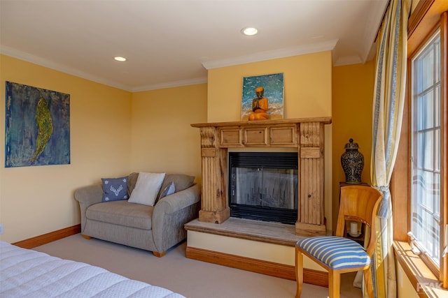 bedroom featuring crown molding and light colored carpet