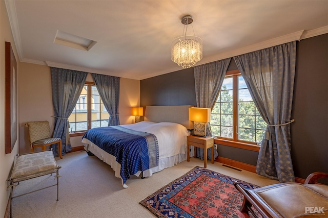 carpeted bedroom with multiple windows and ornamental molding