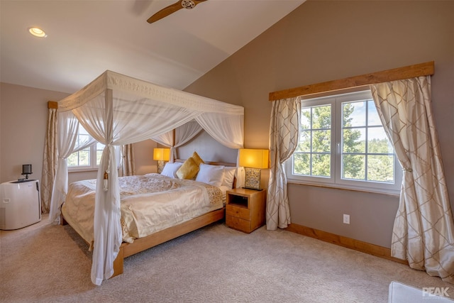 bedroom with lofted ceiling and carpet floors