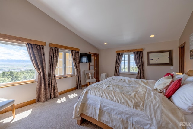 carpeted bedroom with vaulted ceiling