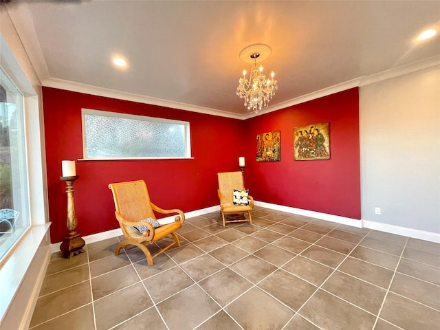 unfurnished room featuring tile patterned flooring, ornamental molding, and a chandelier