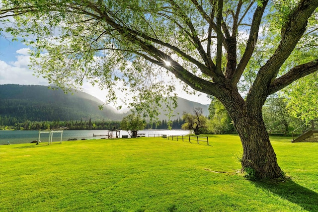 view of yard featuring a water and mountain view