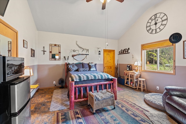 tiled bedroom with high vaulted ceiling and ceiling fan