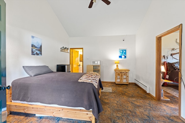 bedroom featuring ceiling fan, baseboard heating, dark tile flooring, high vaulted ceiling, and connected bathroom