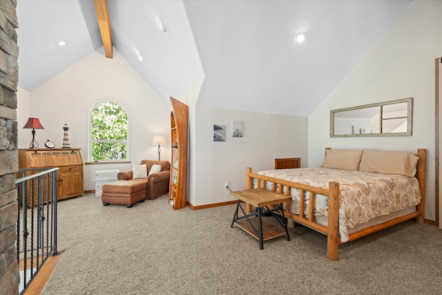 bedroom with beamed ceiling, high vaulted ceiling, and light colored carpet