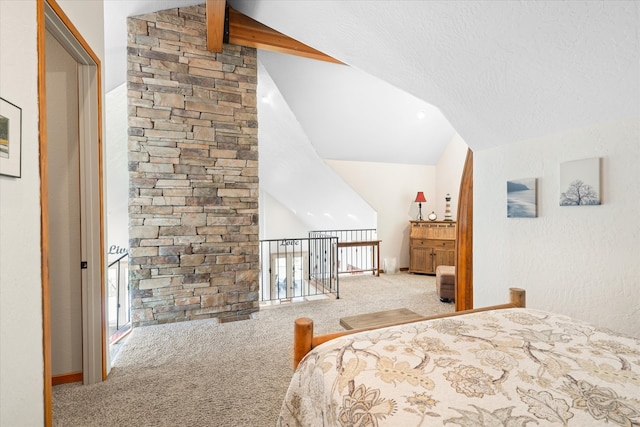 bedroom featuring a textured ceiling, lofted ceiling with beams, carpet, and multiple windows