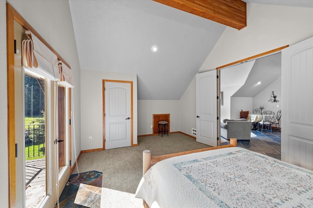 bedroom with carpet flooring, vaulted ceiling with beams, and access to exterior