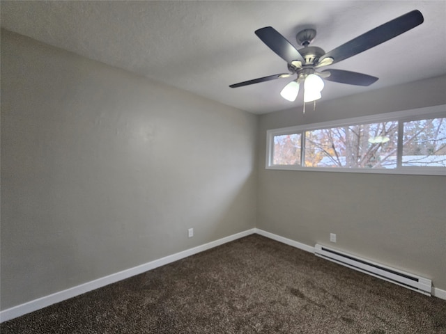 empty room featuring carpet, ceiling fan, and baseboard heating