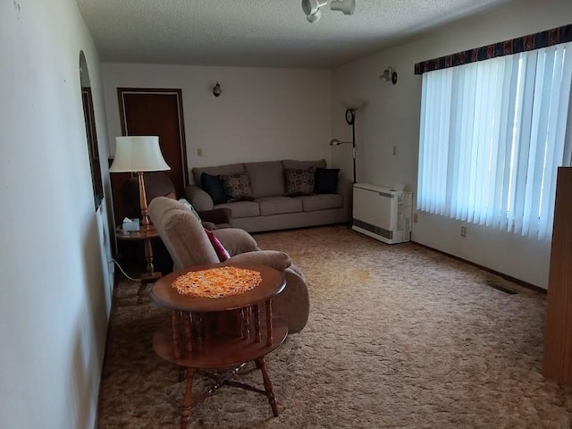 carpeted living room with a textured ceiling