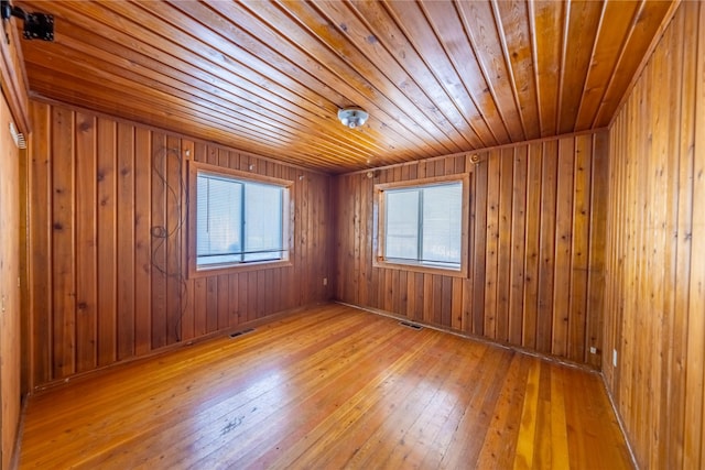 spare room featuring wood ceiling, wooden walls, and light hardwood / wood-style floors