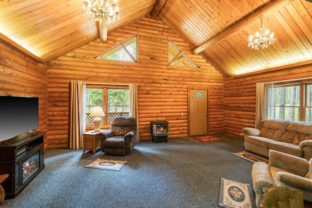 living room with carpet, a wealth of natural light, beam ceiling, and high vaulted ceiling