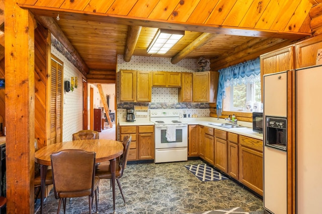 kitchen with beamed ceiling, white appliances, sink, and wooden ceiling