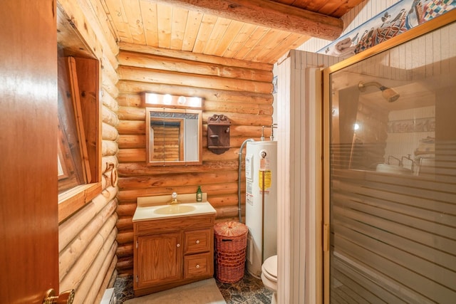 bathroom with rustic walls, water heater, a shower, beamed ceiling, and toilet