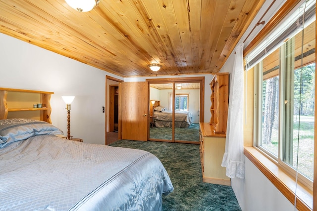 bedroom with dark carpet, wood ceiling, and a closet