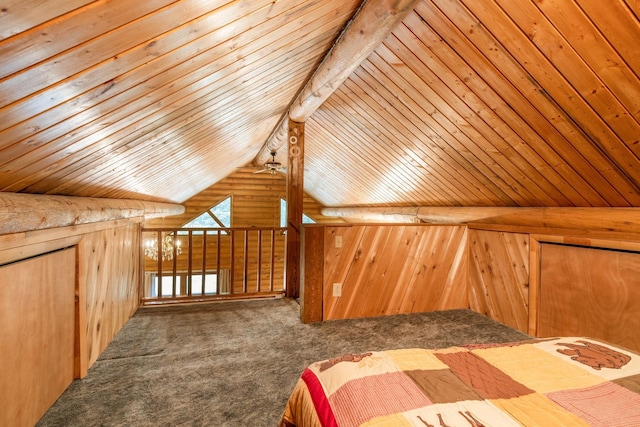 additional living space featuring carpet flooring, lofted ceiling, wooden walls, and wooden ceiling