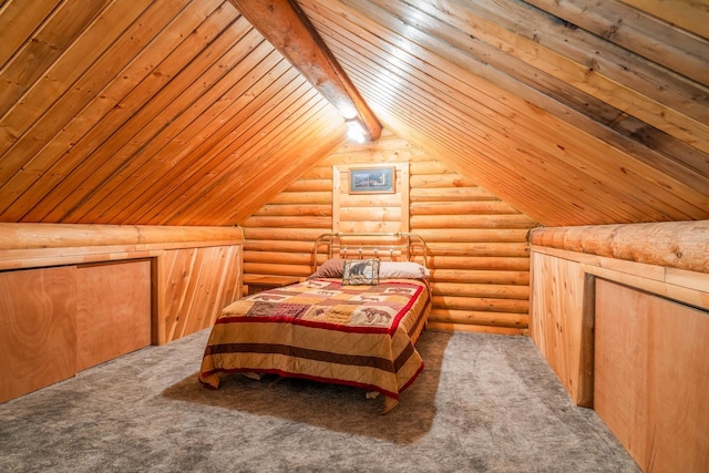 carpeted bedroom featuring wooden ceiling, vaulted ceiling with beams, and log walls
