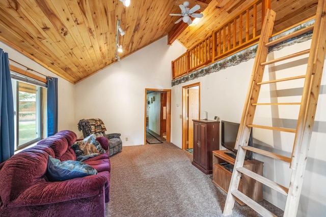 carpeted living room featuring wooden ceiling, ceiling fan, and lofted ceiling with beams