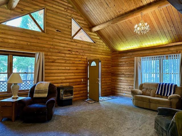 living area with carpet floors, beam ceiling, and high vaulted ceiling