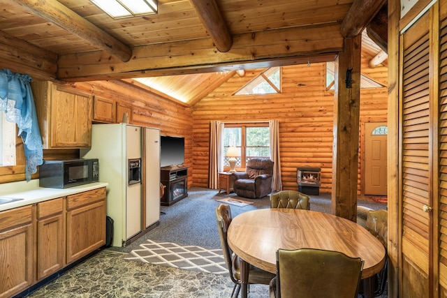kitchen featuring black microwave, white refrigerator with ice dispenser, wooden ceiling, log walls, and vaulted ceiling with beams