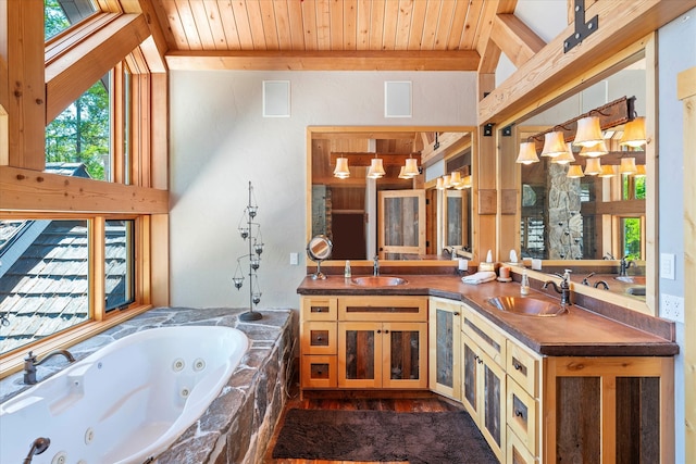 bathroom with wooden ceiling, vaulted ceiling with beams, wood-type flooring, and vanity