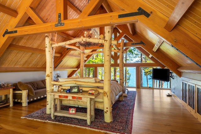 bedroom with beamed ceiling, wooden ceiling, and wood-type flooring