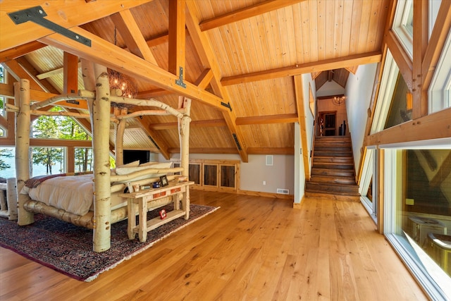 bedroom with wooden ceiling, lofted ceiling with beams, and wood-type flooring