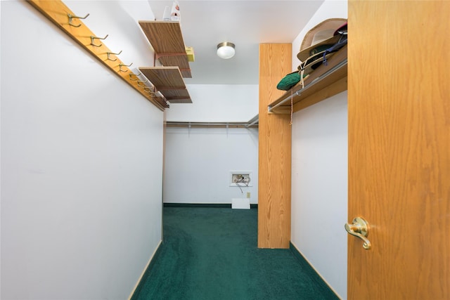 walk in closet with dark colored carpet