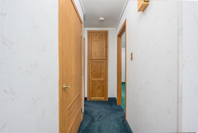 corridor with ornamental molding and dark carpet