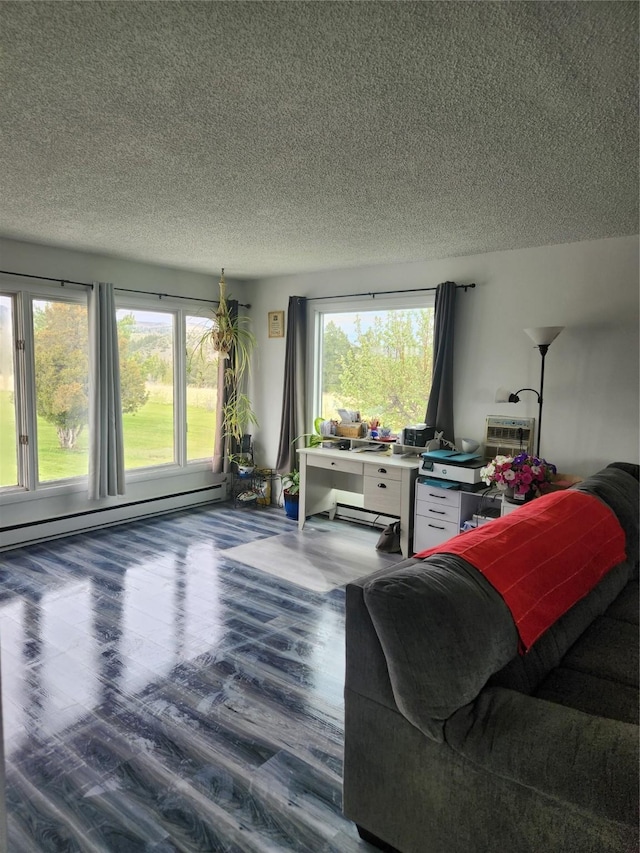 living room with wood-type flooring, a textured ceiling, and a baseboard radiator