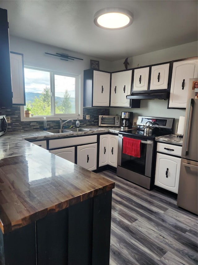 kitchen featuring wooden counters, sink, dark hardwood / wood-style floors, appliances with stainless steel finishes, and white cabinetry