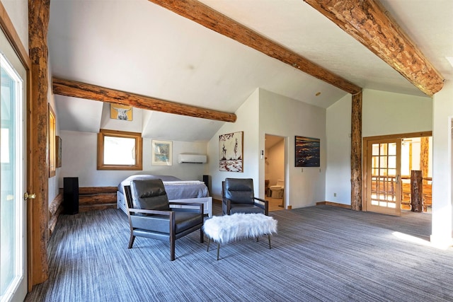 living room featuring dark colored carpet, lofted ceiling with beams, a wall unit AC, and a wealth of natural light