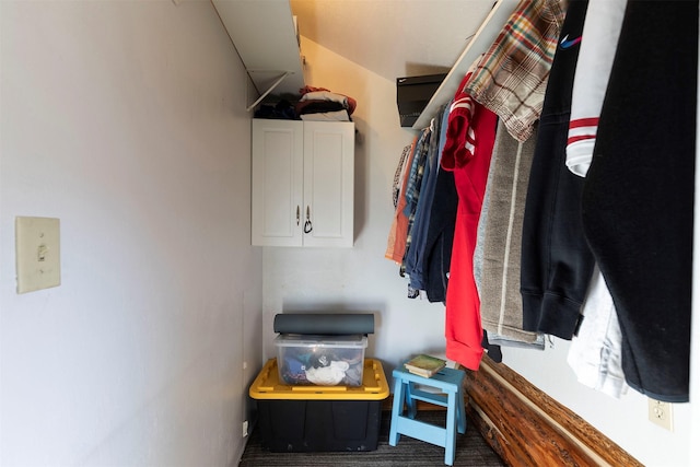 walk in closet featuring carpet flooring