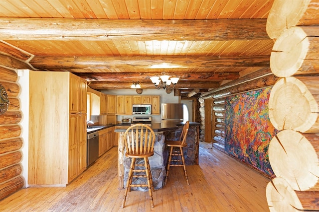 kitchen with beam ceiling, wooden ceiling, stainless steel appliances, and light hardwood / wood-style floors