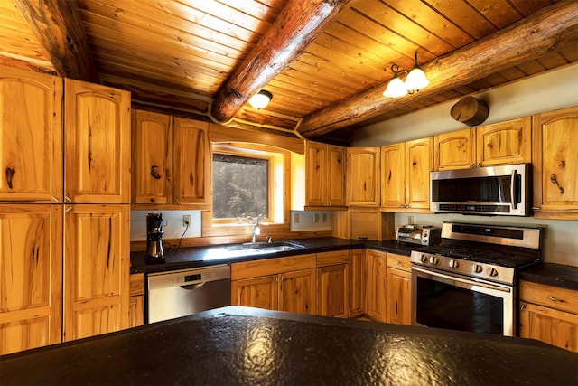 kitchen with appliances with stainless steel finishes, sink, wood ceiling, and beam ceiling