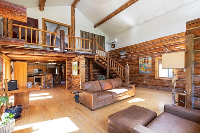 living room featuring light hardwood / wood-style floors, beam ceiling, high vaulted ceiling, and log walls