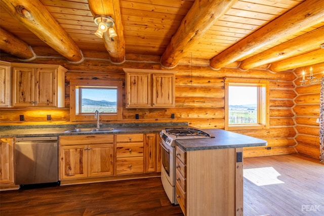 kitchen with white gas range oven, sink, stainless steel dishwasher, beamed ceiling, and dark hardwood / wood-style flooring