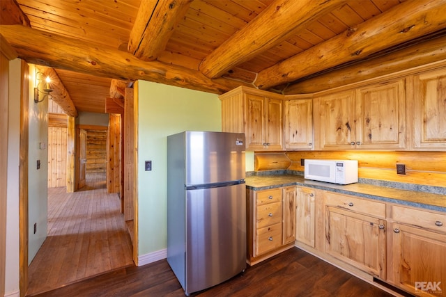 kitchen featuring beam ceiling, stainless steel fridge, dark hardwood / wood-style flooring, and wood ceiling