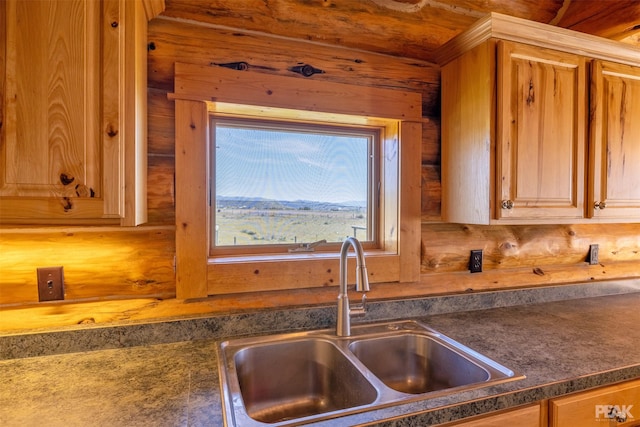 kitchen featuring wood walls and sink